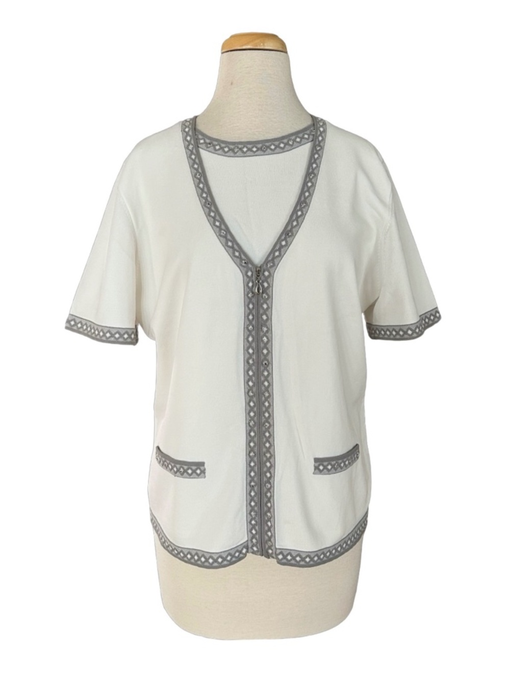 ALFRED DUNNER Vintage Womens Blouse Size L Tiny Knit 2 in-1 Layered Short Sleeve